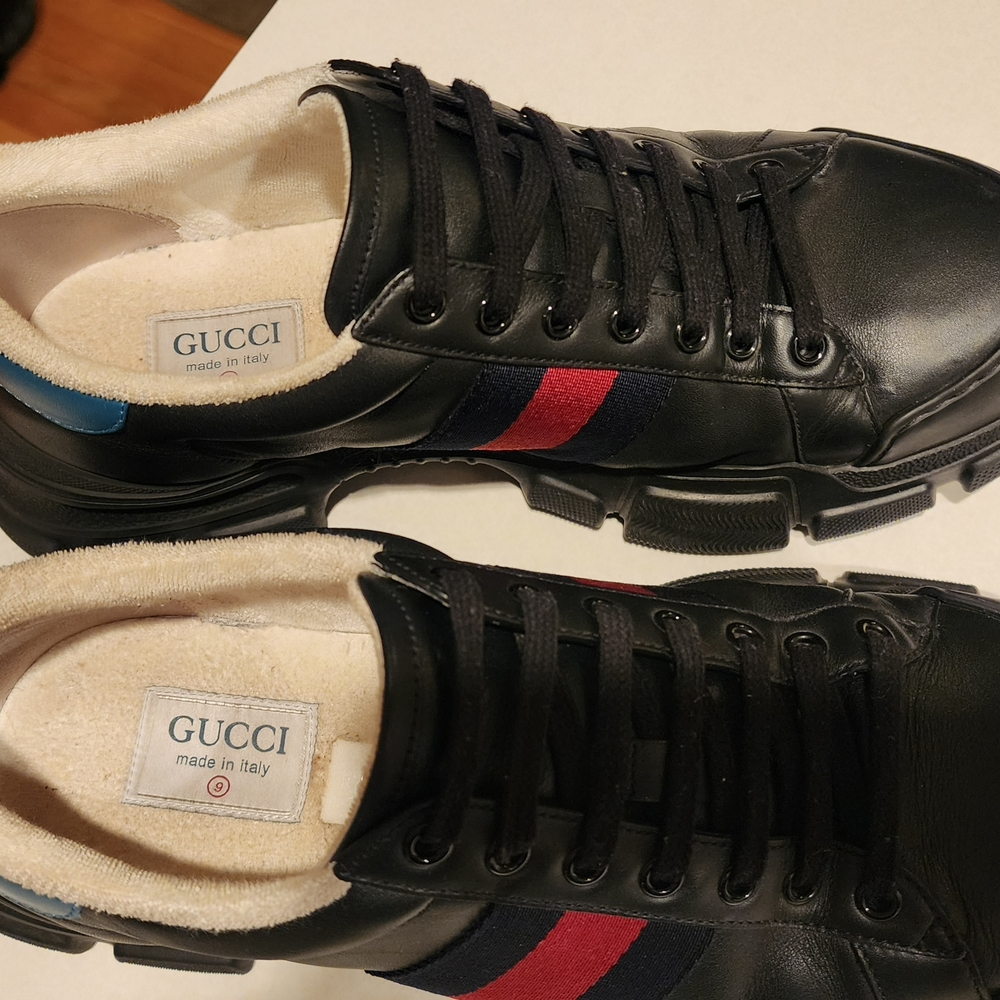 Gucci Black Leather Men's Shoes with Red and Blue Stripes - Picture 9 of 12